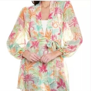 CAbi Sunset Kimono Cover Up Belt Tie Style #6185 Tropical Sheer Beach Resort XS